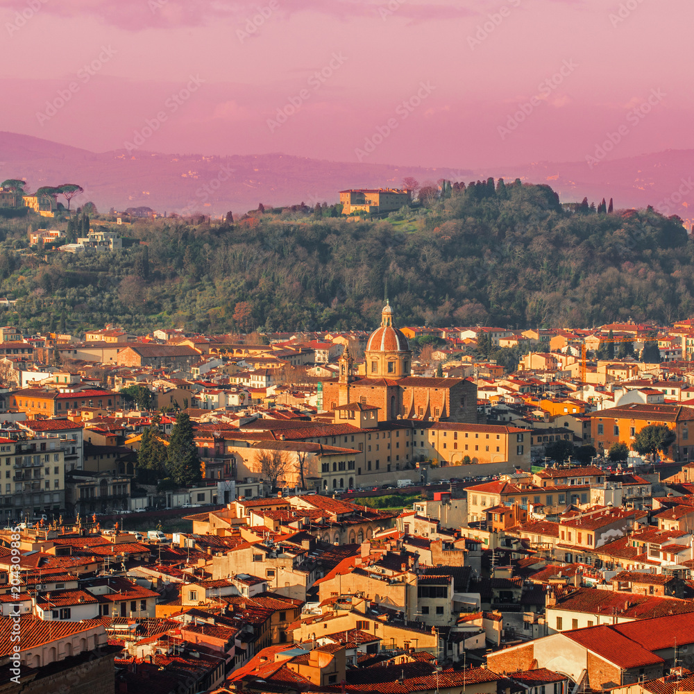 Panorama of  Florence, Italy at beautiful sunset. Florence city skyline, aierial view