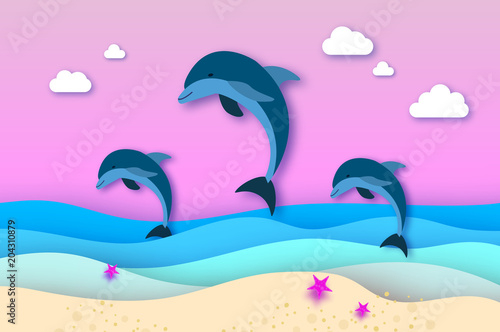 Three Jumping dolphins in the sea in paper cut style. Origami layered beautiful seascape and sky. Hawaii Pacific Ocean wildlife scenery. Marine animals in natural habitat.