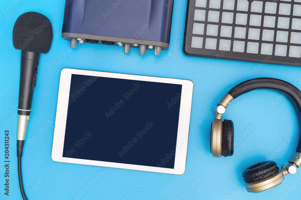 Blank tablet on studio Equipment for Music application mock up Blank tablet on studio Equipment for Music application mock up