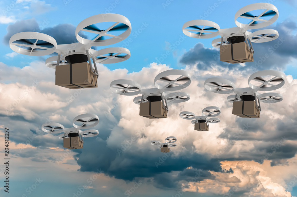 Many drones is delivering packages - fast mail concept - obrazy, fototapety, plakaty 