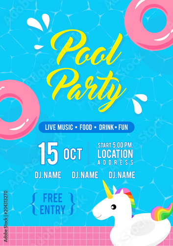 Pool party invitation flyer vector illustration, Top view of swimming pool with unicorn pool float and pink inflatable ring floating on water.