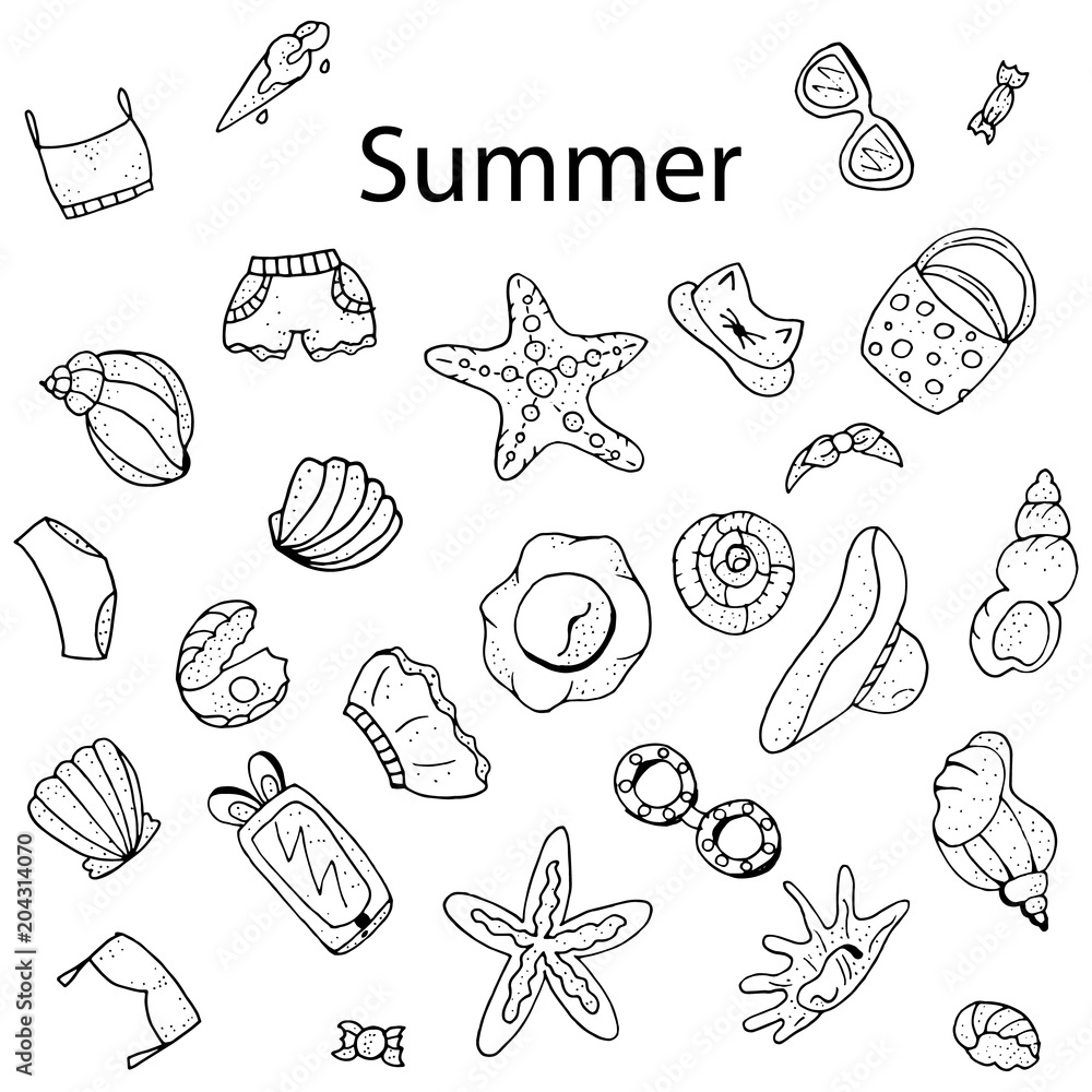 Summer time, hand drawn objects : sunglasses, swimming suit, hats, ice cram, seashells, bags, trousers. Black and white monochrome.