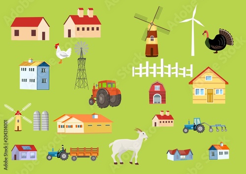 Countryside theme icons set, land, agro, trees, hills, animals, tractor, mills people.