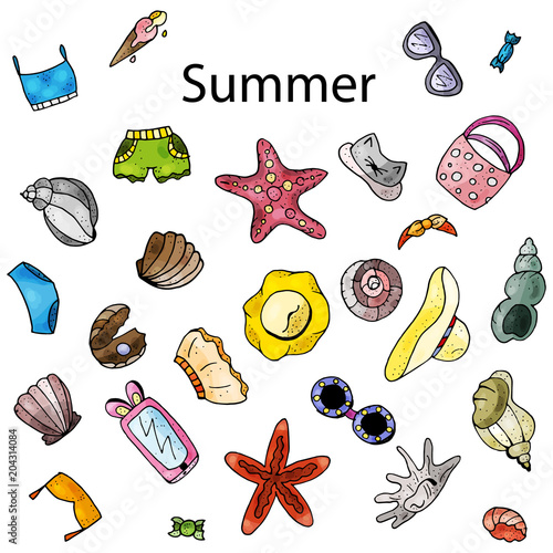 Summer time, hand drawn objects : sunglasses, swimming suit, hats, ice cram, seashells, bags, trousers. 