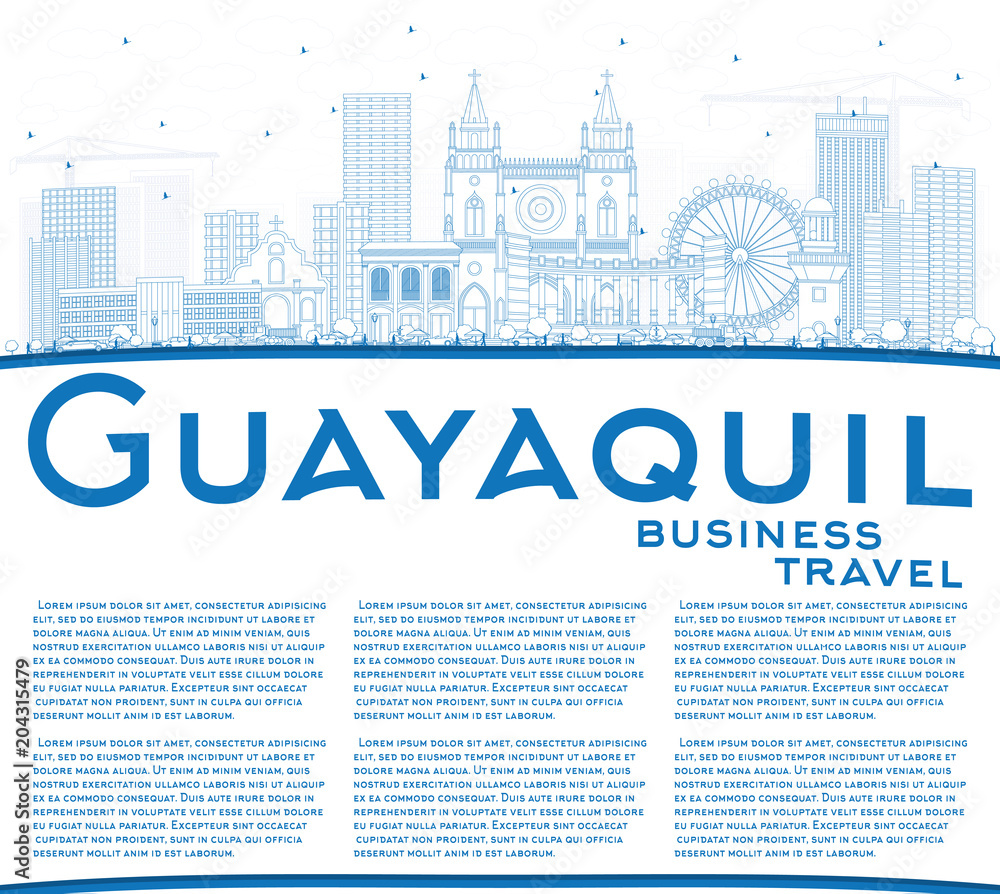 Outline Guayaquil Ecuador City Skyline with Blue Buildings and Copy Space. Outline Guayaquil Ecuador City Skyline with Blue Buildings and Copy Space.