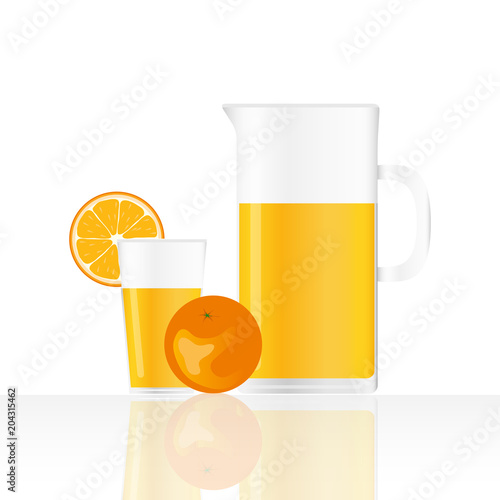 Orange juice, realistic glass and a jug of orange juice.