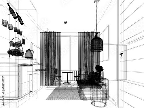 sketch design of interior living room,3d rendering