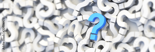 Blue question mark on a background of white signs. 3D Rendering
