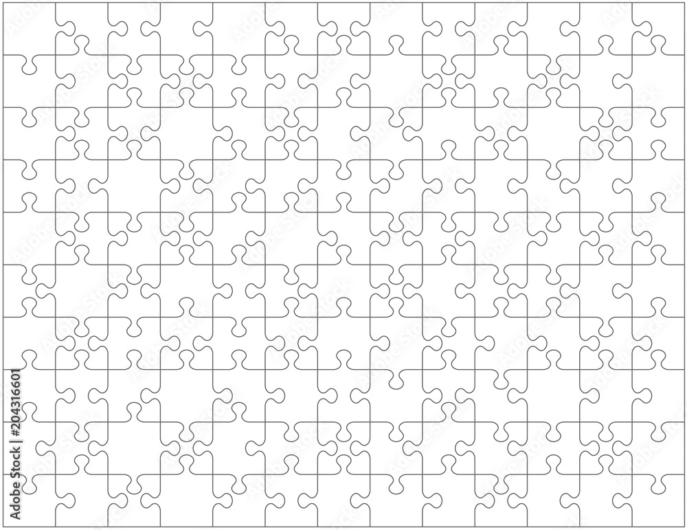 Jigsaw puzzle blank template or cutting guidelines with pieces of various  shapes randomly scattered. Transparent 130 pieces are easy to separate  (every piece is a single shape) for vector mode. Stock Vector