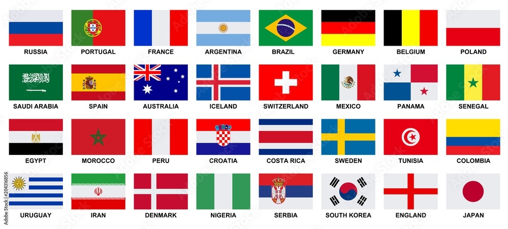 Football. 2018. Flags of participating teams