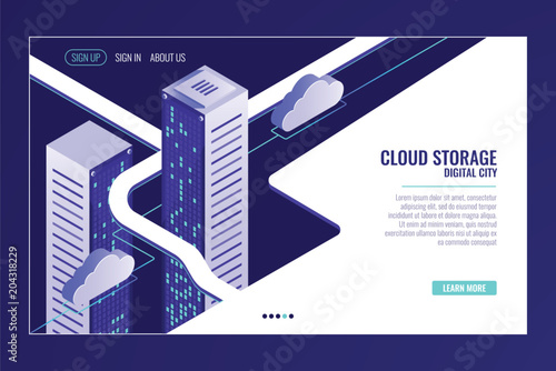 Urban data city, cloud storage concept, server room rack, data center, database, bigdata isometric vector