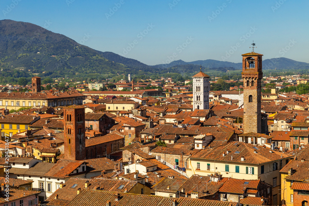 Rooftop skyline view of Lucca city with Lucca Cathedral tower. Tuscany, Italy.