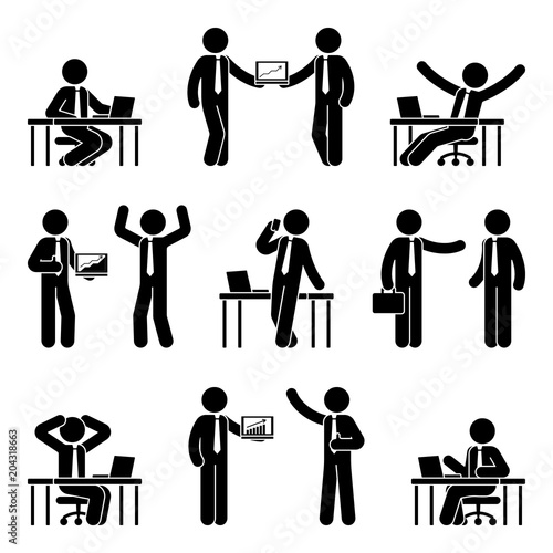 Stick figure business man icon set. Vector illustration of male at workplace isolated on white