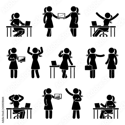 Stick figure business woman icon set. Vector illustration of female at workplace isolated on white