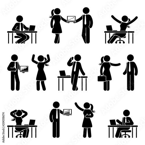 Stick figure business people icon set. Vector illustration of men and women at workplace isolated on white