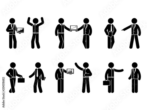 Stick figure business cooperation icon set. Vector illustration of workmates isolated on white