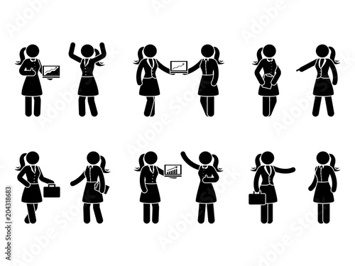Stick figure business woman cooperation icon set. Vector illustration of female at work isolated on white