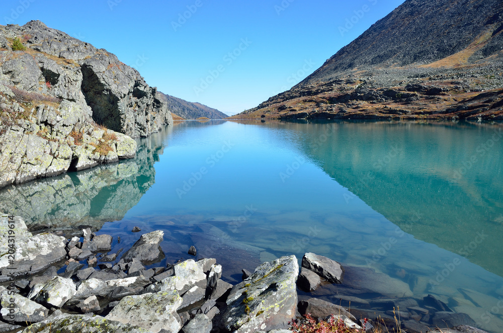 Russia, Altai mountains, lake Acchan (Akchan) in september in sunny weather