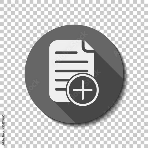 add document icon, paper and plus in circle. White flat icon wit
