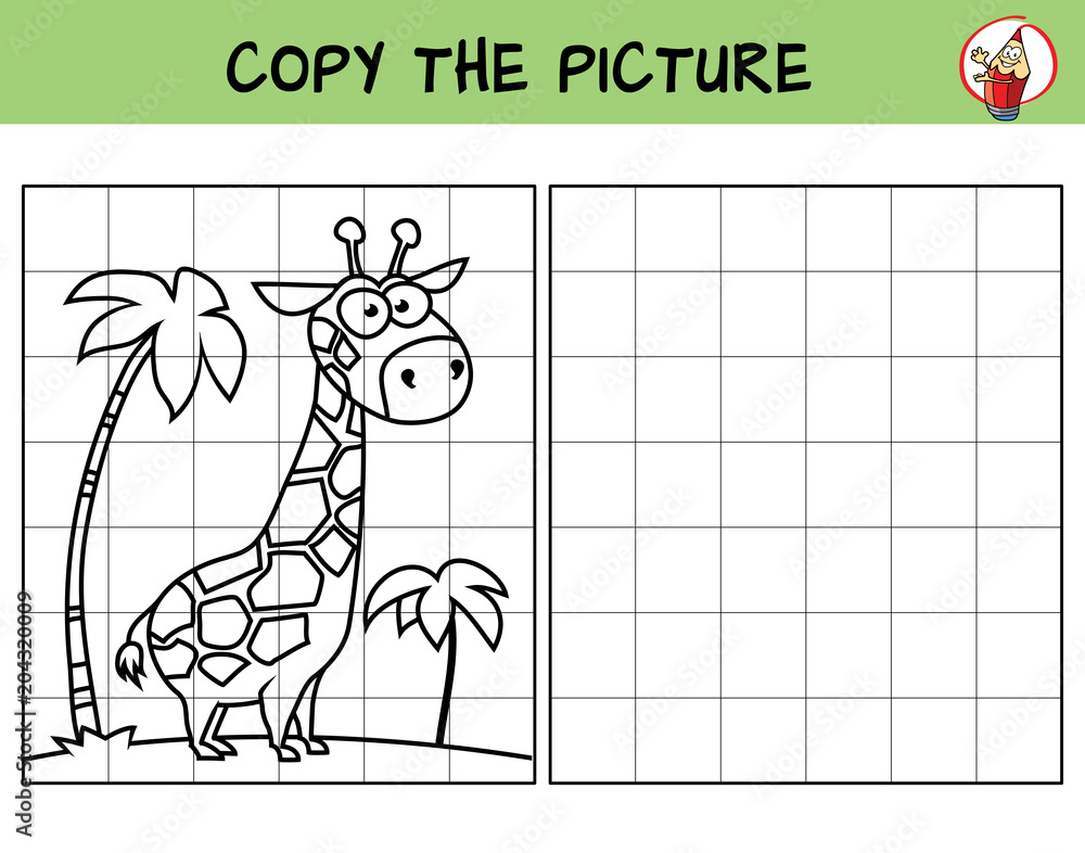 Fototapeta premium Funny giraffe. Copy the picture. Coloring book. Educational game for children. Cartoon vector illustration