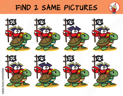 A turtle and a funny crab with a pirate flag. Find two the same pictures. Educational matching game for children. Cartoon vector illustration