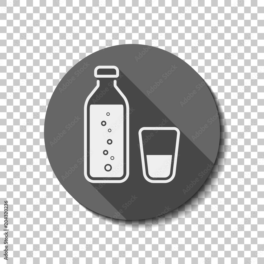 bottle of water with bubbles and glass cup. simple icon. White f bottle of water with bubbles and glass cup. simple icon. White f