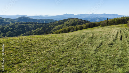 A spring view in the morning from a clearing in the Beskid Mountains.