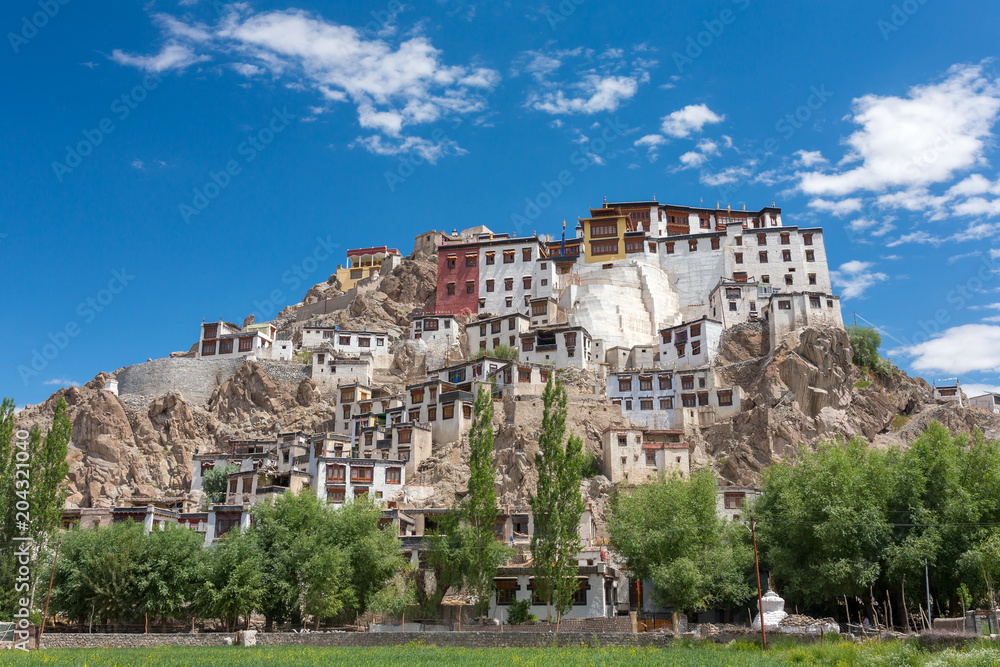 Spituk Monastery with view of Himalayas mountains. Spituk Gompa is a famous Buddhist temple in Ladakh, Jammu and Kashmir, India.