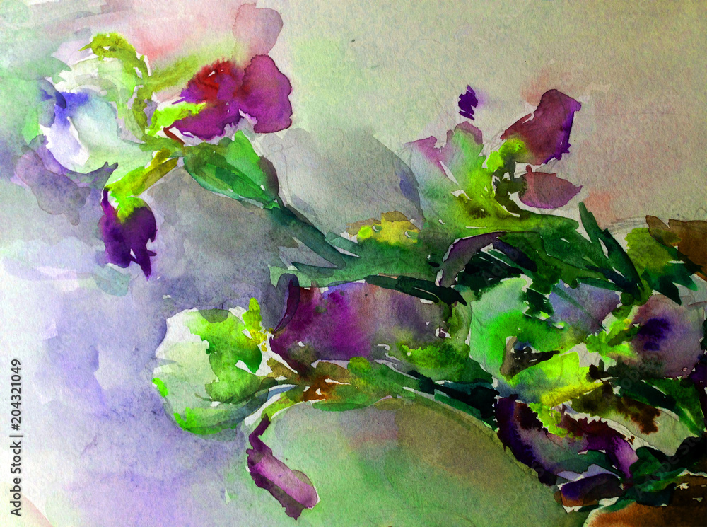 Abstract bright colored decorative background . Floral pattern handmade . Beautiful tender romantic bouquet of iris flowers  , made in the technique of watercolors from nature.
