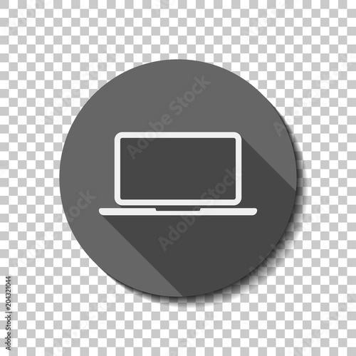 Laptop or notebook computer icon. White flat icon with long shad