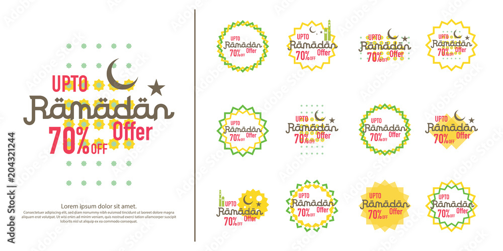 Ramadan sale offer banner set design. Promotion poster, voucher, discount, label, greeting card of Ramadan Kareem and Eid Mubarak celebration. background vector illustration