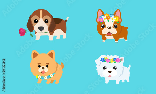 Vector cute puppy with a variety of colorful flowers