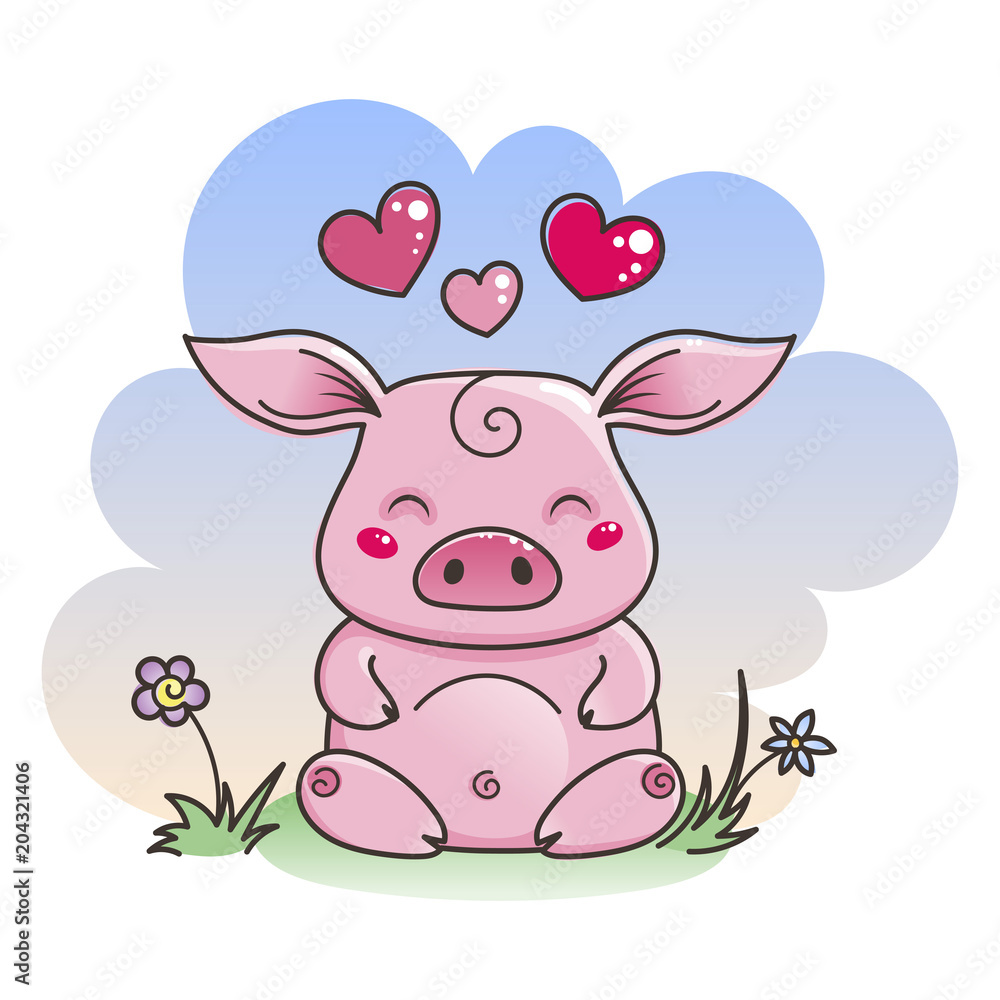 Obraz Cute cartoon pig in love. Symbol of New 2019 Year
