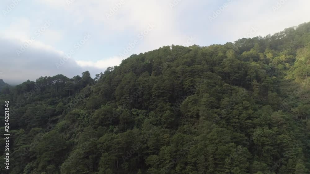 Aerial view of mountains covered forest, trees against the sky and clouds. Cordillera region. Luzon, Philippines. Mountainous tropical landscape. Aerial view of mountains covered forest, trees against the sky and clouds. Cordillera region. Luzon, Philippines. Mountainous tropical landscape.