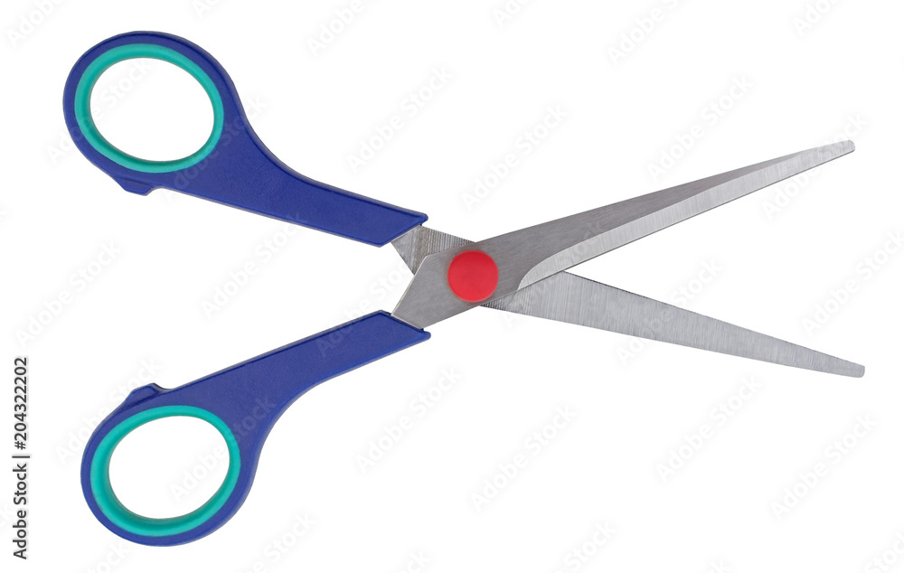 Pair of blue handled scissors isolated on white Pair of blue handled scissors isolated on white