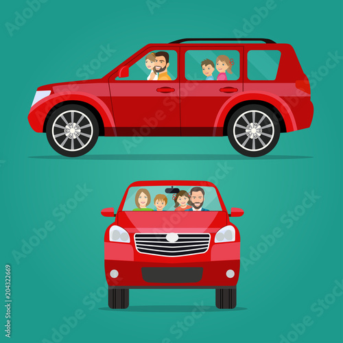 Red car two angle set. Car with family side view and front view. Vector flat style illustration