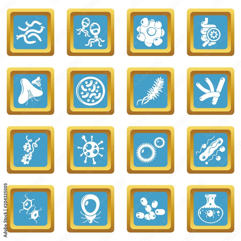 Virus bacteria icons set sapphirine square vector Virus bacteria icons set sapphirine square vector