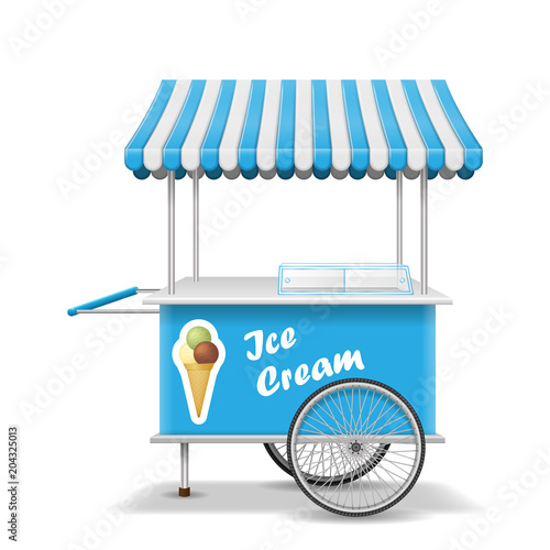 Realistic street food cart with wheels. Mobile blue ice cream market stall template. Ice cream market cart mockup. Vector illustration