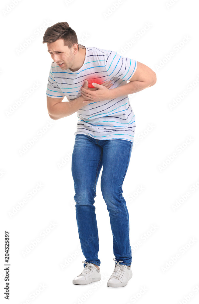 Young man having heart attack on white background Young man having heart attack on white background
