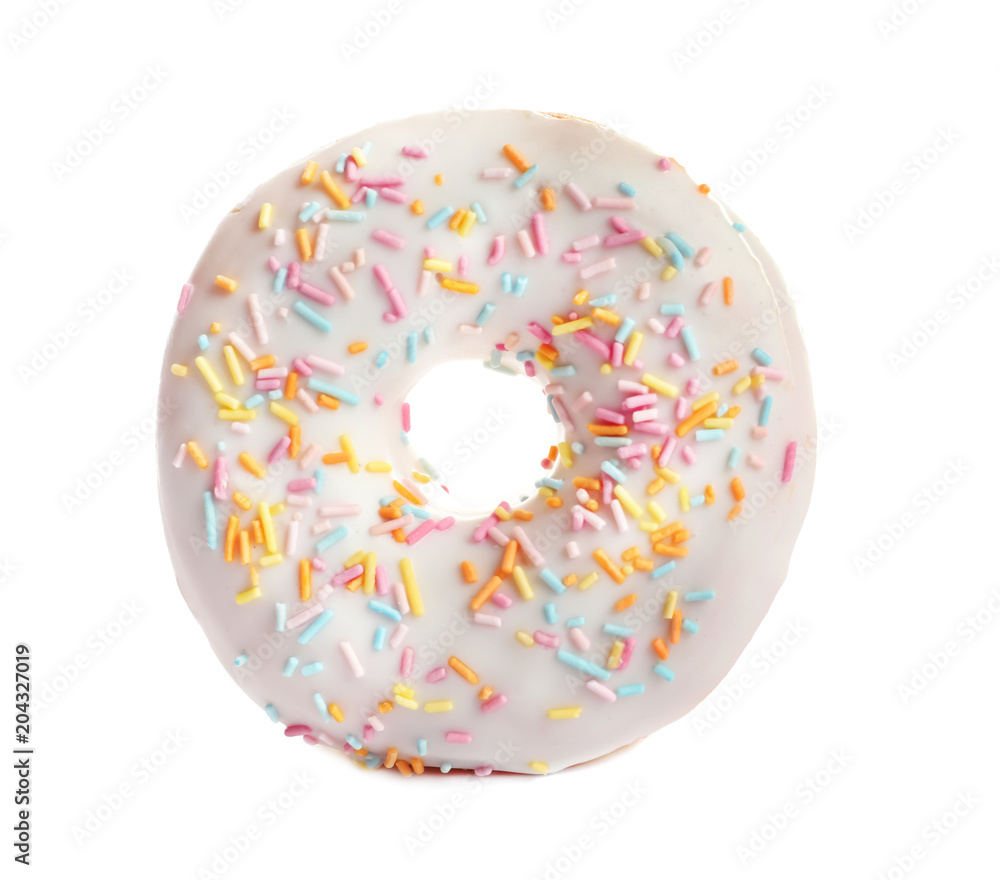 Delicious glazed doughnut with sprinkles on white background Delicious glazed doughnut with sprinkles on white background