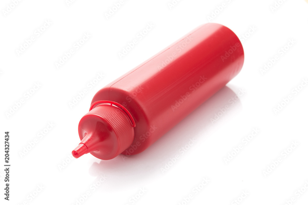 container of ketchup and mustard bottles