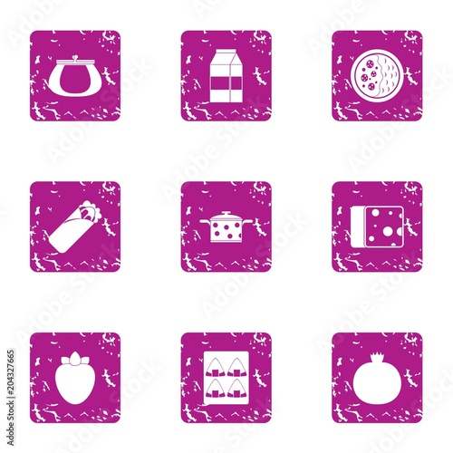 Refrigerator food icons set, grunge style