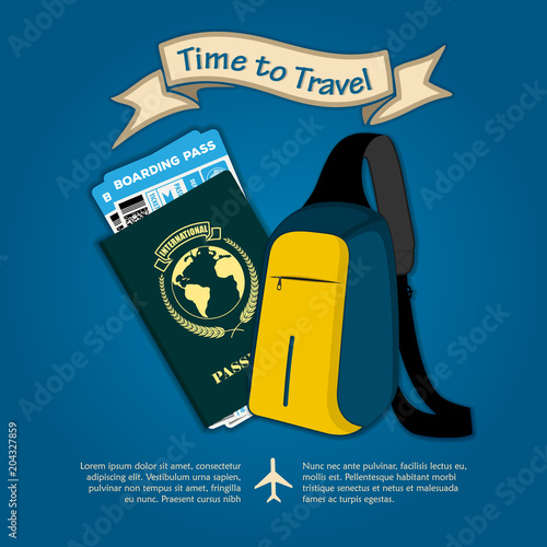 Time to travel. Bag, international passport and boarding passes tickets for traveling by plane. Concept for travel and vacations. Vector illustration
