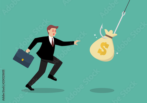 Businessman try to pick money bag from hook trap