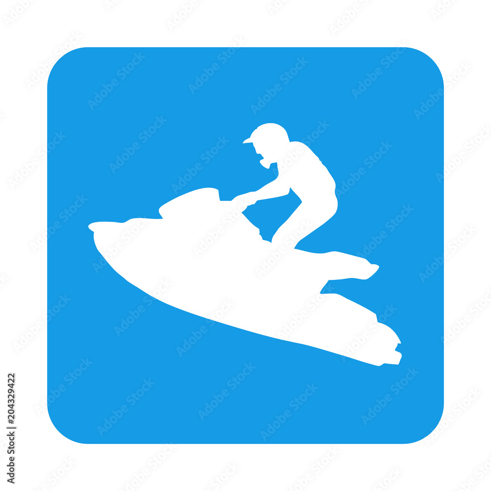 Icono plano silueta moto acuatica en cuadrado azul