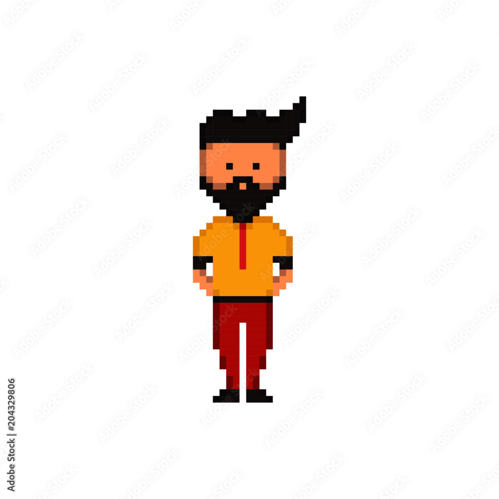 Pixel 8 bit young guy character hipster vector isolated illustration