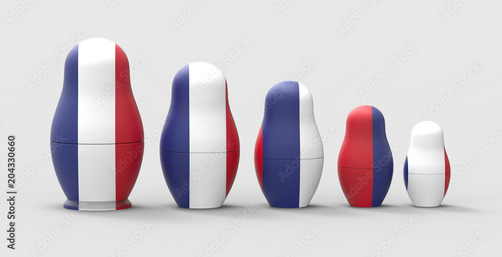Russian nesting doll with France flag, 3d rendering Russian nesting doll with France flag, 3d rendering