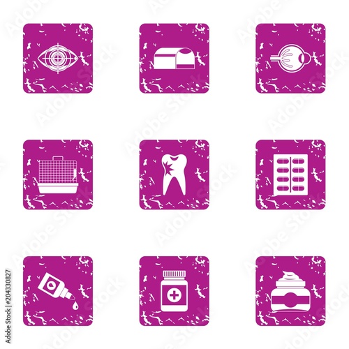 Scientific medicine icons set, grunge style