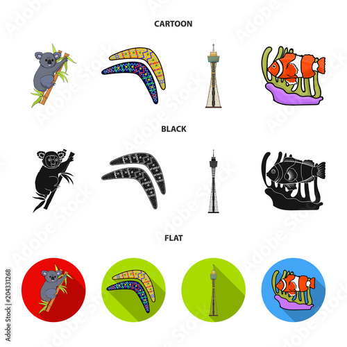 Koala on bamboo, boomerang, Sydney tower, fish clown and ammonium.Australia set collection icons in cartoon,black,flat style vector symbol stock illustration web.