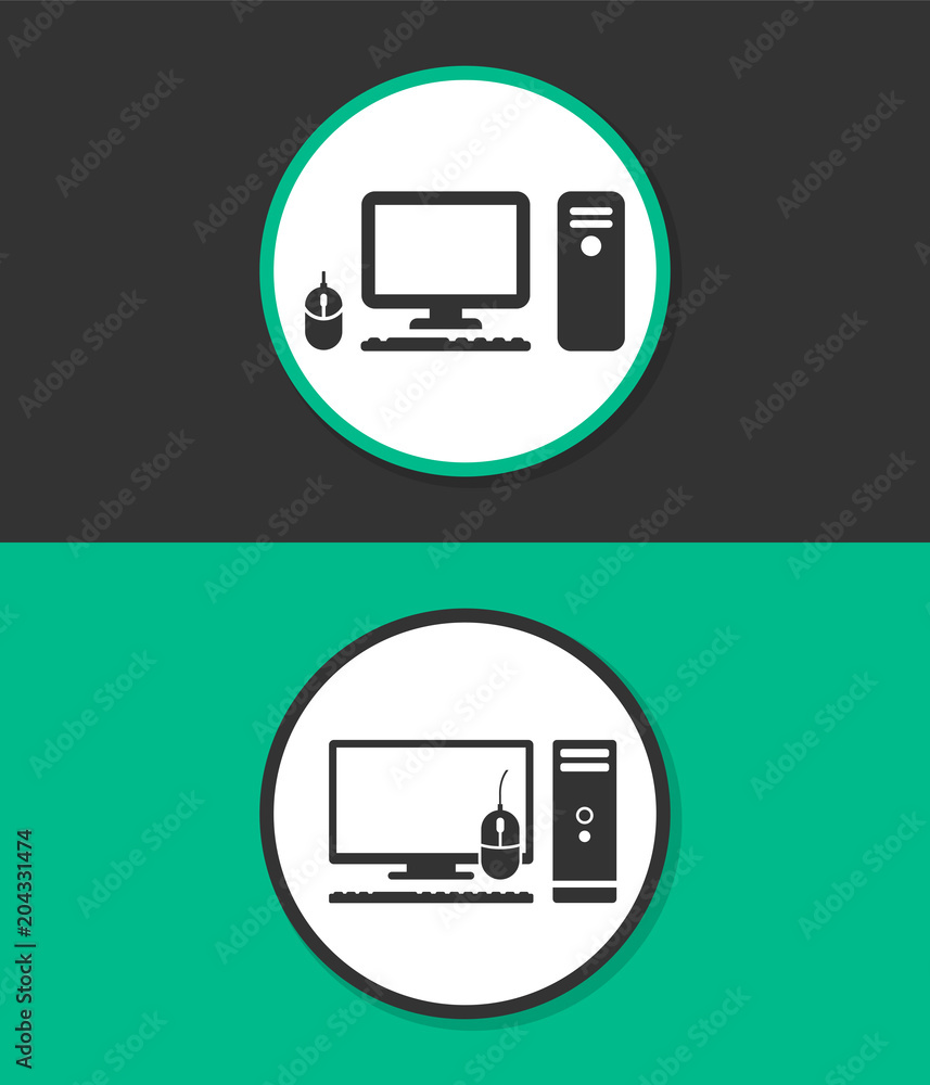 Computer case with monitor, keyboard and mouse, vector icon. Computer case with monitor, keyboard and mouse, vector icon.